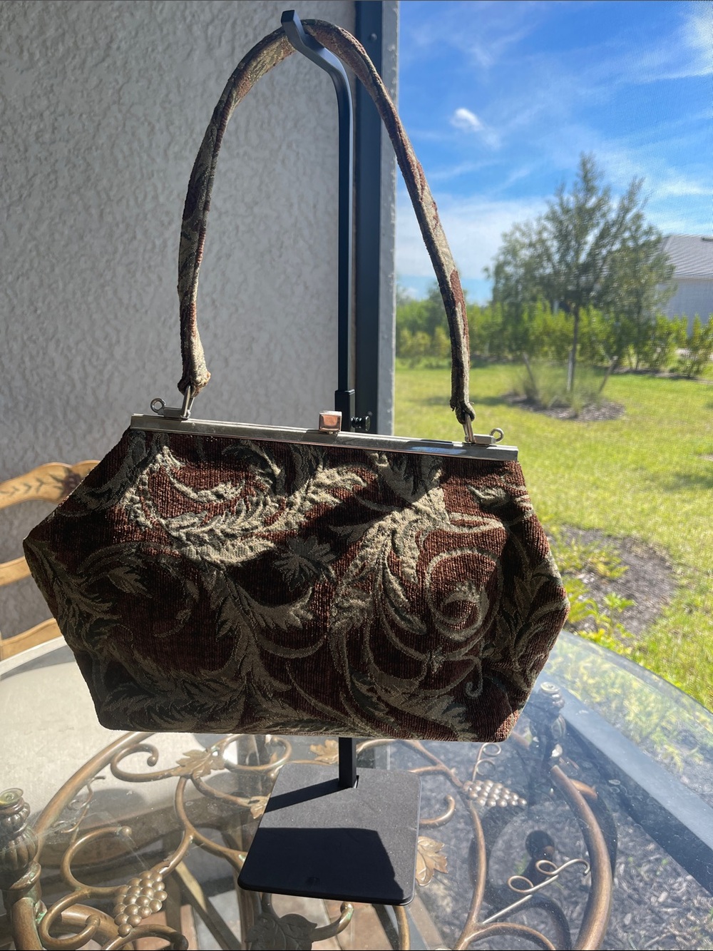 Brown Tapestry Evening Clutch with Scroll Motif